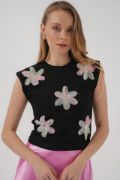 930 Kısa Kol Desenli Crop Bluz - Siyah resmi